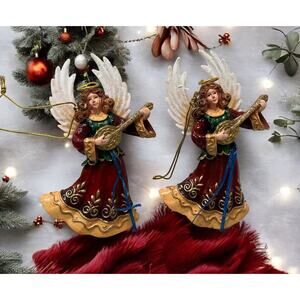 Set of 2 Vintage Christmas Ornaments Angels Figurine 4.5" Tall gold instrument